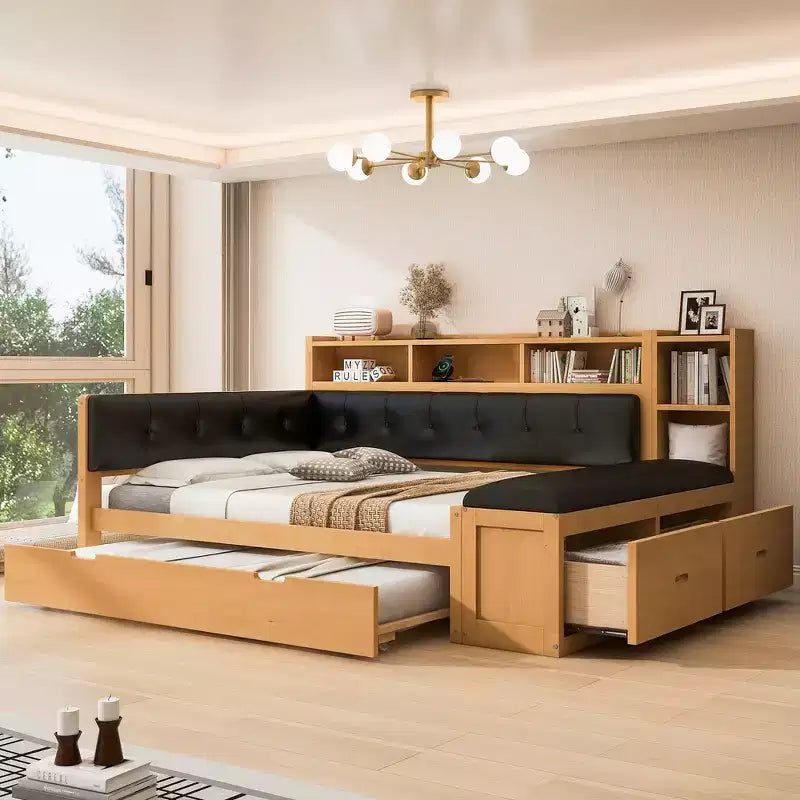 Cama de día de madera de tamaño completo con cama nido, estantes de almacenamiento, banco y cabecero tapizado