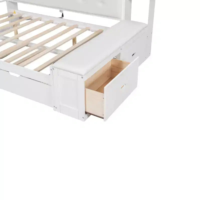 Cama de día de madera de tamaño completo con cama nido, estantes de almacenamiento, banco y cabecero tapizado