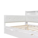 Cama de día de madera de tamaño completo con cama nido, estantes de almacenamiento, banco y cabecero tapizado