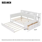 Cama de día de madera de tamaño completo con cama nido, estantes de almacenamiento, banco y cabecero tapizado