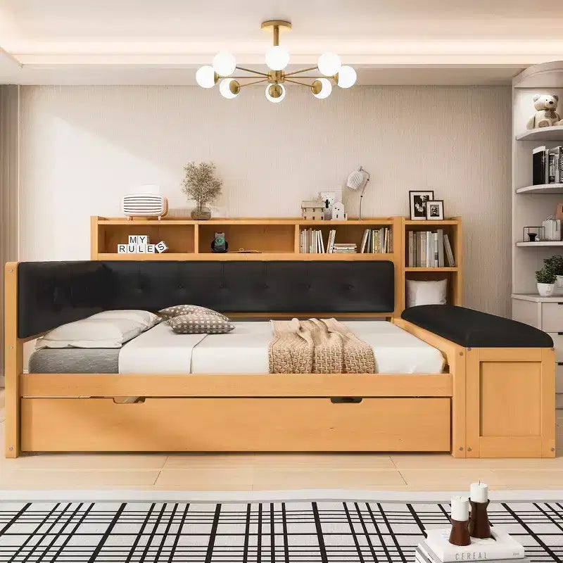Cama de día de madera de tamaño completo con cama nido, estantes de almacenamiento, banco y cabecero tapizado