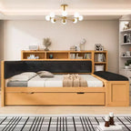 Cama de día de madera de tamaño completo con cama nido, estantes de almacenamiento, banco y cabecero tapizado