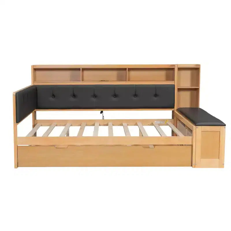 Cama de día de madera de tamaño completo con cama nido, estantes de almacenamiento, banco y cabecero tapizado