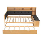 Cama de día de madera de tamaño completo con cama nido, estantes de almacenamiento, banco y cabecero tapizado