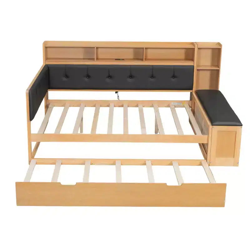 Cama de día de madera de tamaño completo con cama nido, estantes de almacenamiento, banco y cabecero tapizado