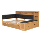 Cama de día de madera de tamaño completo con cama nido, estantes de almacenamiento, banco y cabecero tapizado