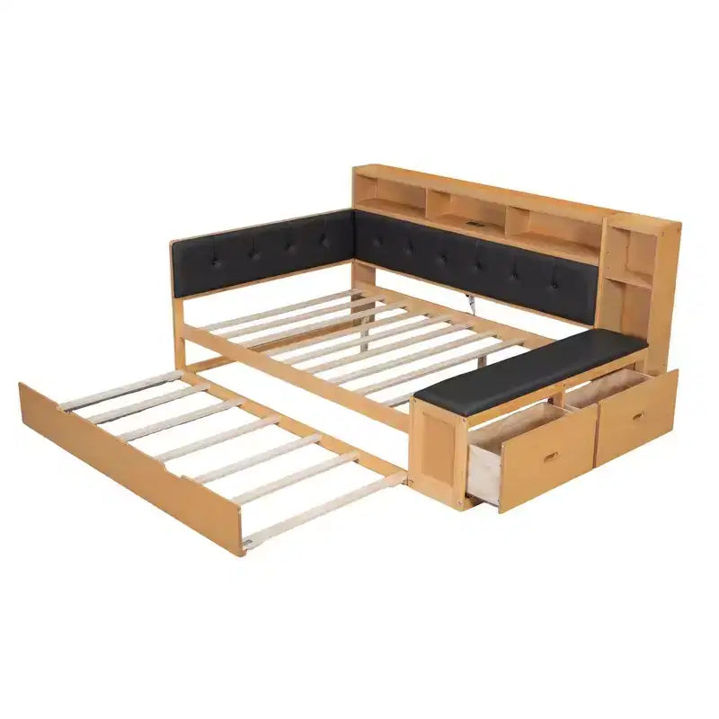 Cama de día de madera de tamaño completo con cama nido, estantes de almacenamiento, banco y cabecero tapizado