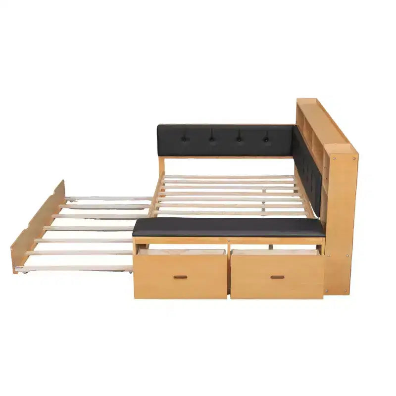 Cama de día de madera de tamaño completo con cama nido, estantes de almacenamiento, banco y cabecero tapizado