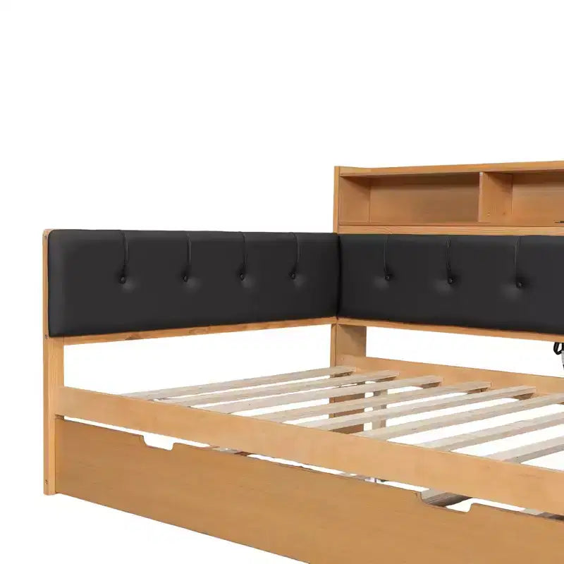 Cama de día de madera de tamaño completo con cama nido, estantes de almacenamiento, banco y cabecero tapizado
