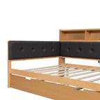 Cama de día de madera de tamaño completo con cama nido, estantes de almacenamiento, banco y cabecero tapizado