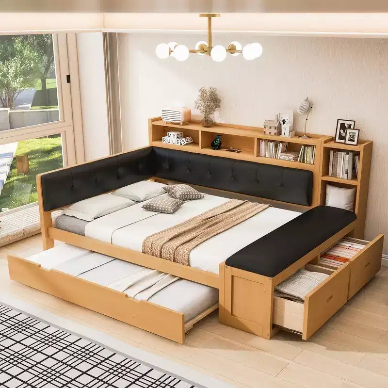 Whisen Full Size Wood Daybed Frame with Trundle, Storage Shelves, Bench and Upholstered Headboard