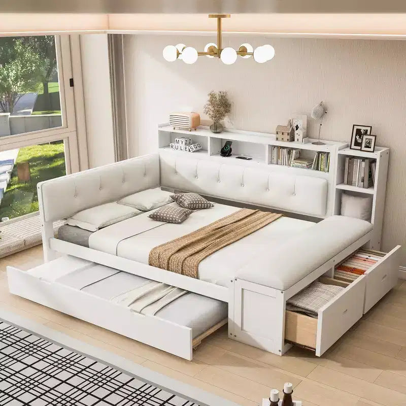 Cama de día de madera de tamaño completo con cama nido, estantes de almacenamiento, banco y cabecero tapizado