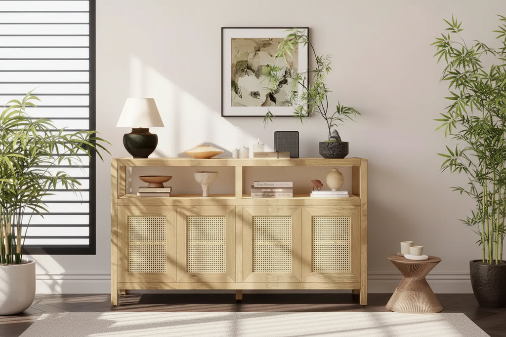 JVNOXK Bohemian-style rattan sideboard with adjustable shelves and solid wood frame, press-to-open design. Ideal for living rooms. Natural color.