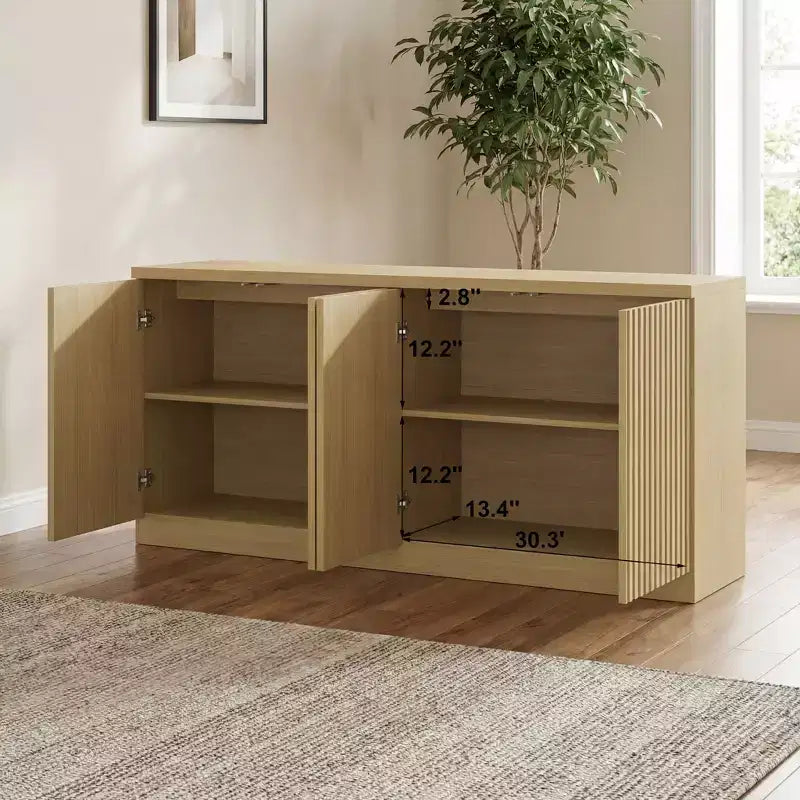 Aparador de cocina de madera de 159 cm con 4 puertas y estantes, acabado natural