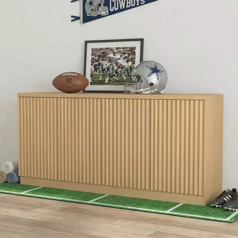 Aparador de cocina de madera de 159 cm con 4 puertas y estantes, acabado natural