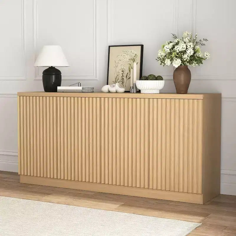 Aparador de cocina de madera de 159 cm con 4 puertas y estantes, acabado natural