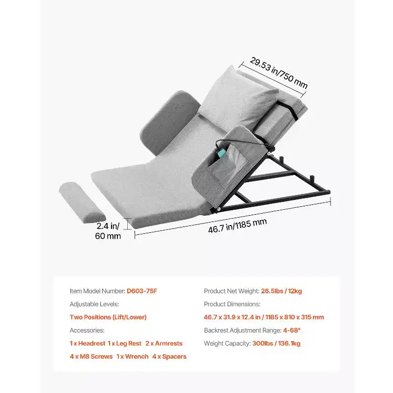 Respaldo de cama elevable eléctrico ajustable de 136 kg con barandilla y bolsa de almacenamiento