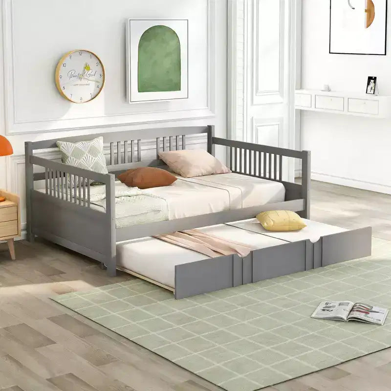 Sofá cama moderno de madera de tamaño completo con cama nido individual, madera de pino, capacidad de 158 kg
