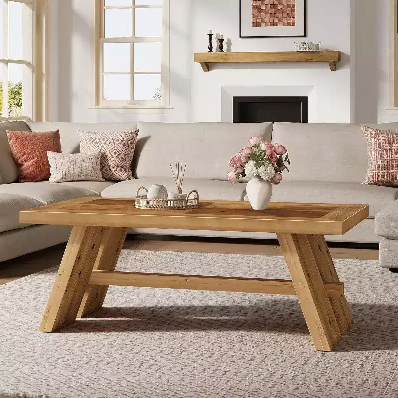 Mesa de centro de madera maciza estilo rústico de 47" con patrón geométrico de vetas de madera, marrón