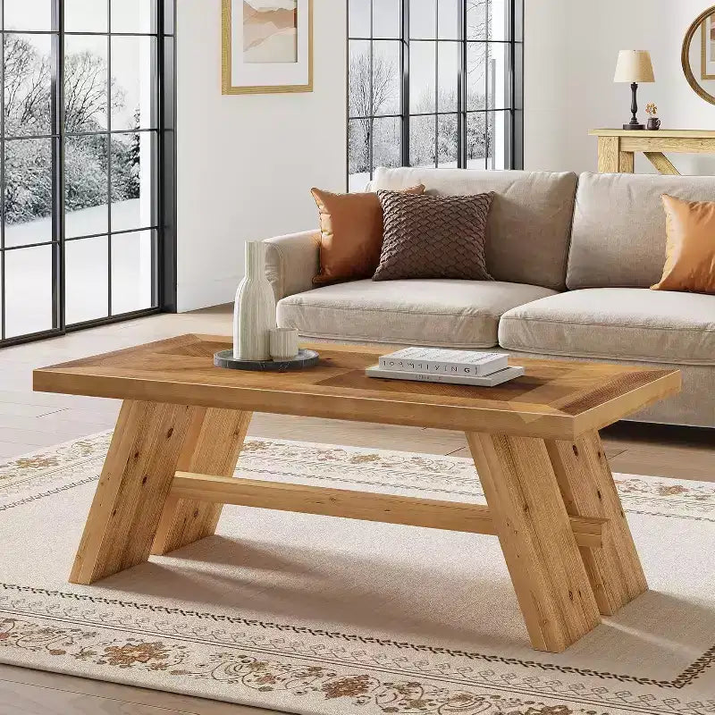 Mesa de centro de madera maciza estilo rústico de 47" con patrón geométrico de vetas de madera, marrón