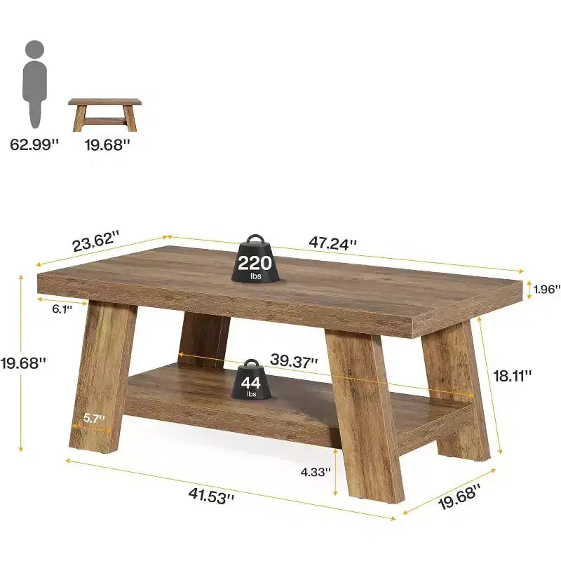 Mesa de centro rústica de 47" con estante de almacenamiento de 2 niveles, marrón rústico