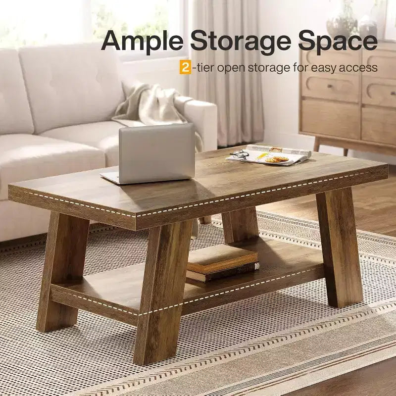 Mesa de centro rústica de 47" con estante de almacenamiento de 2 niveles, marrón rústico