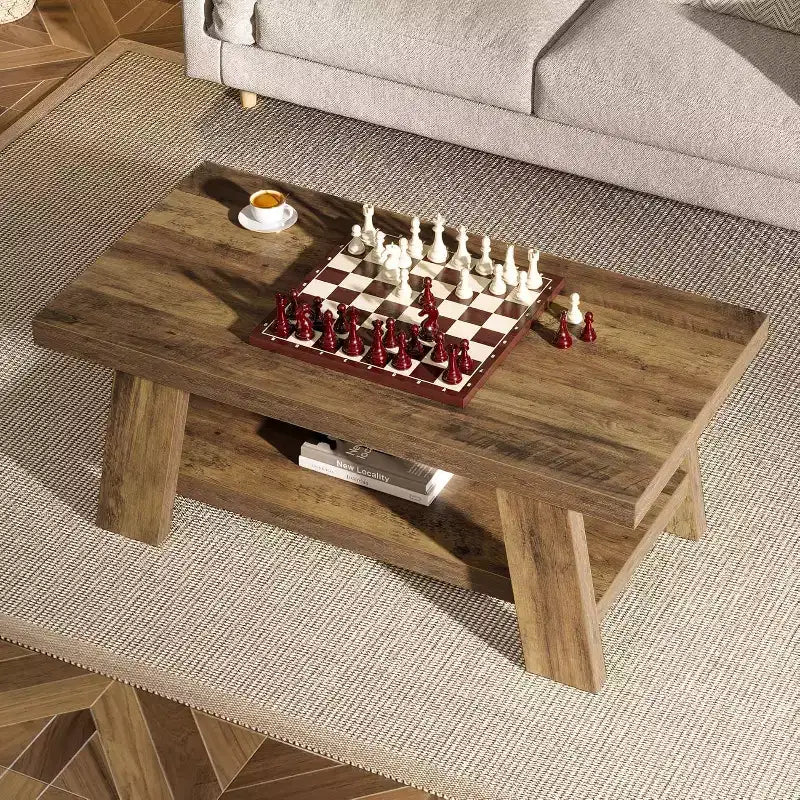 Mesa de centro rústica de 47" con estante de almacenamiento de 2 niveles, marrón rústico