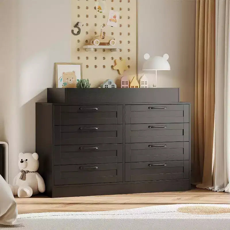 Nursery Changing Table Dresser with 8 Wood Drawers, Multi-Functional Diaper Station with Shelves for Baby's Room