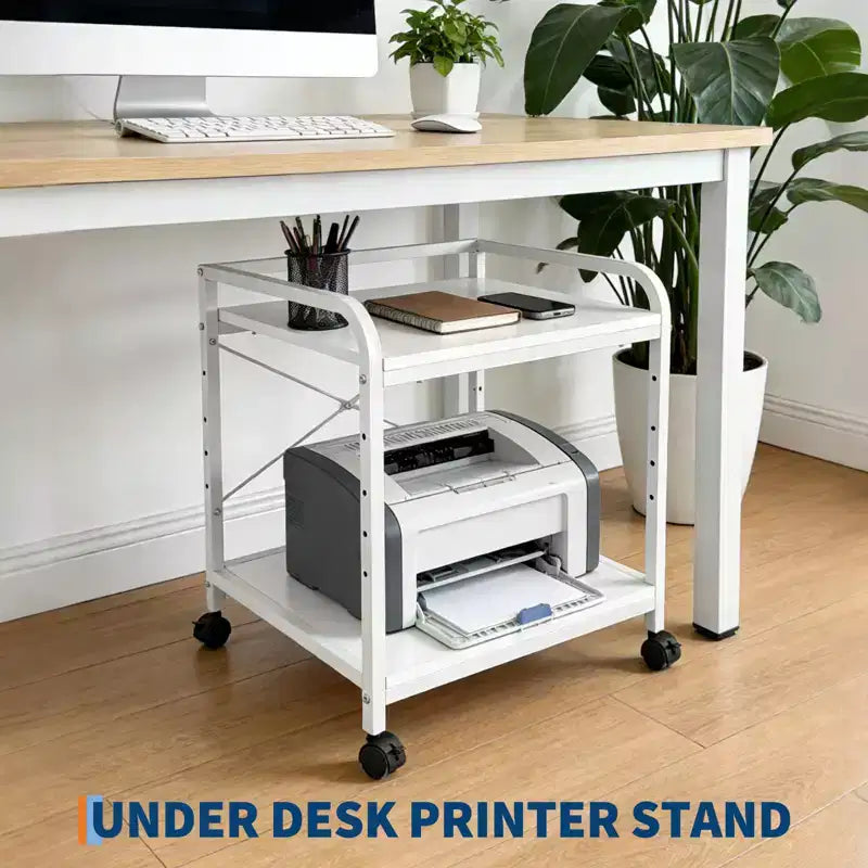 Soporte con ruedas de 2 niveles para impresora con estante ajustable y ruedas con bloqueo