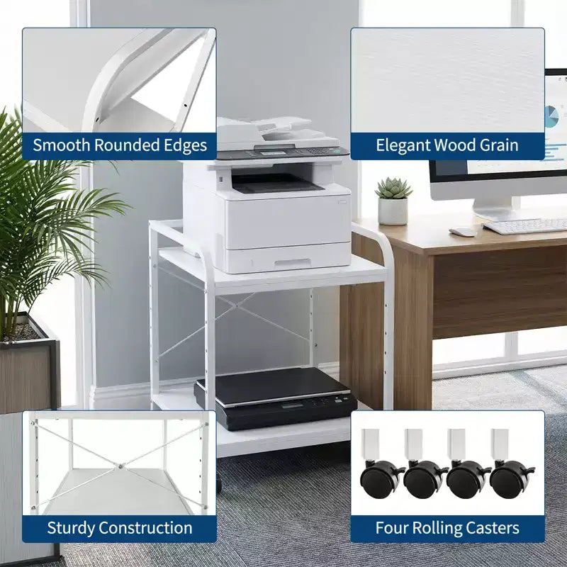 Soporte con ruedas de 2 niveles para impresora con estante ajustable y ruedas con bloqueo