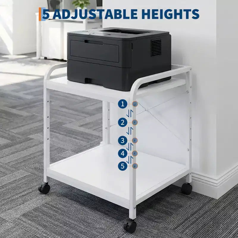 Soporte con ruedas de 2 niveles para impresora con estante ajustable y ruedas con bloqueo