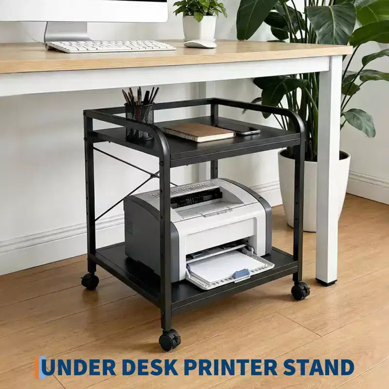 Soporte con ruedas de 2 niveles para impresora con estante ajustable y ruedas con bloqueo