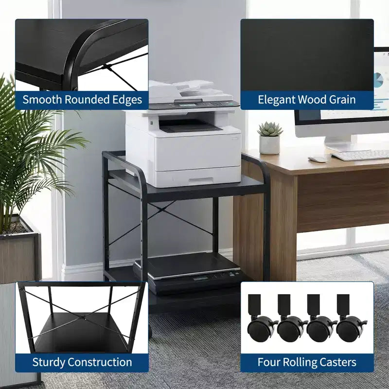 Soporte con ruedas de 2 niveles para impresora con estante ajustable y ruedas con bloqueo