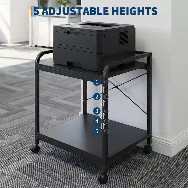 Soporte con ruedas de 2 niveles para impresora con estante ajustable y ruedas con bloqueo