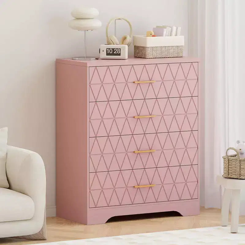 Cómoda Alta de Madera de 4 Cajones con Tiradores Dorados, Mueble Moderno de Almacenamiento, Parte Superior Ancha