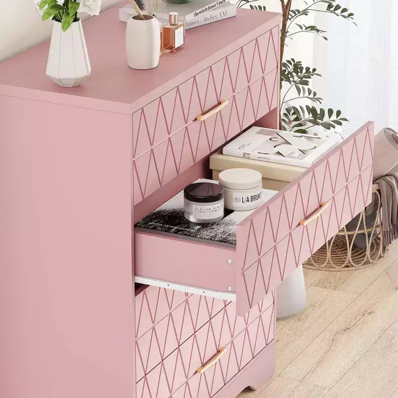 Cómoda Alta de Madera de 4 Cajones con Tiradores Dorados, Mueble Moderno de Almacenamiento, Parte Superior Ancha
