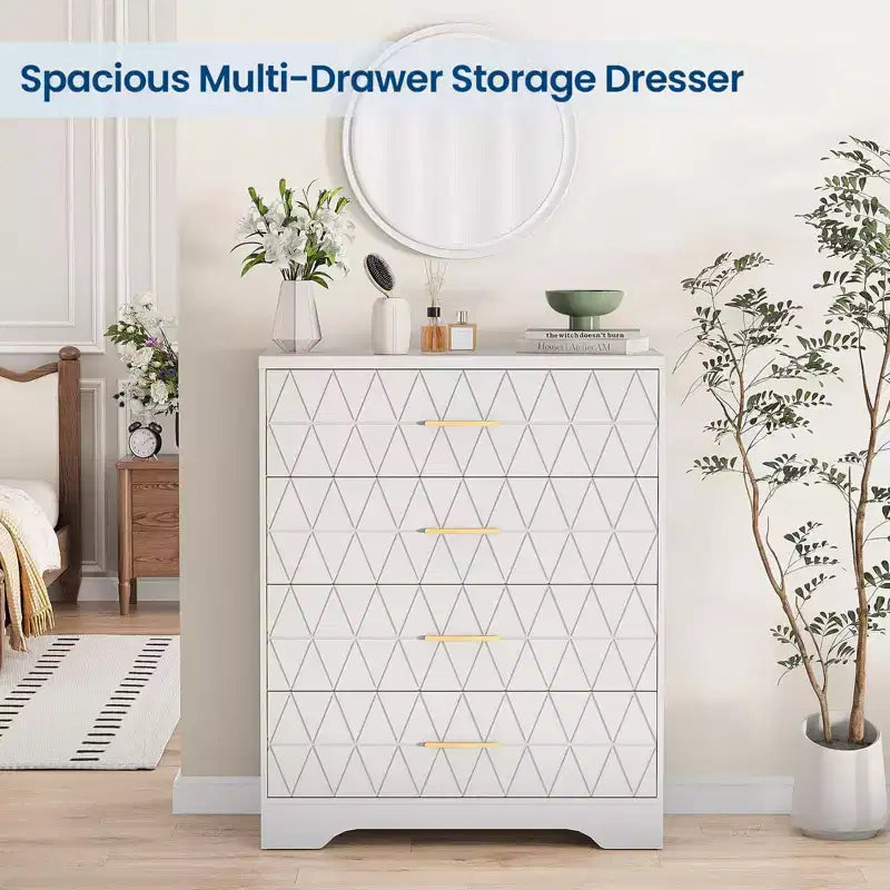 Cómoda Alta de Madera de 4 Cajones con Tiradores Dorados, Mueble Moderno de Almacenamiento, Parte Superior Ancha