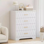 Cómoda Alta de Madera de 4 Cajones con Tiradores Dorados, Mueble Moderno de Almacenamiento, Parte Superior Ancha
