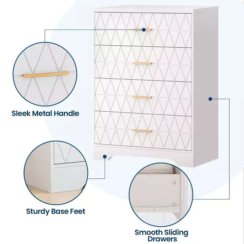 Cómoda Alta de Madera de 4 Cajones con Tiradores Dorados, Mueble Moderno de Almacenamiento, Parte Superior Ancha