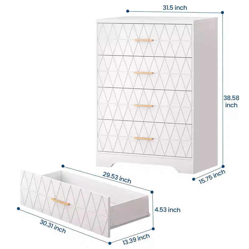 Cómoda Alta de Madera de 4 Cajones con Tiradores Dorados, Mueble Moderno de Almacenamiento, Parte Superior Ancha