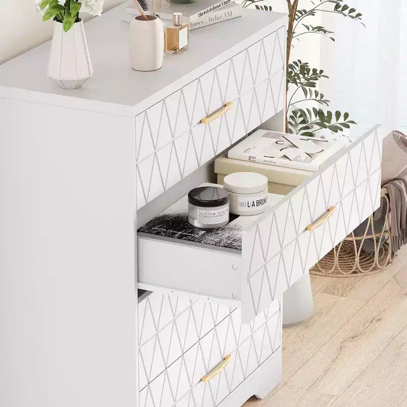 Cómoda Alta de Madera de 4 Cajones con Tiradores Dorados, Mueble Moderno de Almacenamiento, Parte Superior Ancha