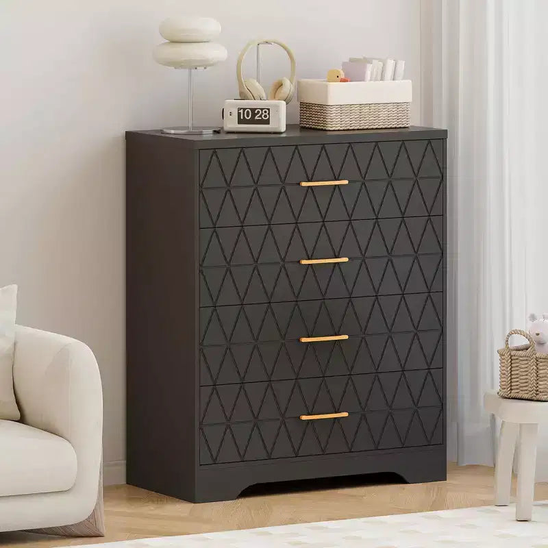 Cómoda Alta de Madera de 4 Cajones con Tiradores Dorados, Mueble Moderno de Almacenamiento, Parte Superior Ancha