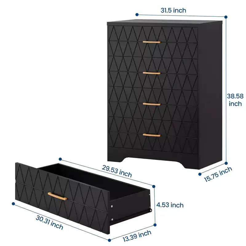 Cómoda Alta de Madera de 4 Cajones con Tiradores Dorados, Mueble Moderno de Almacenamiento, Parte Superior Ancha