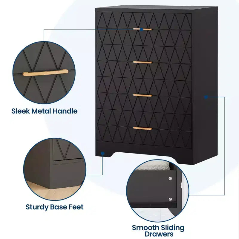 Cómoda Alta de Madera de 4 Cajones con Tiradores Dorados, Mueble Moderno de Almacenamiento, Parte Superior Ancha