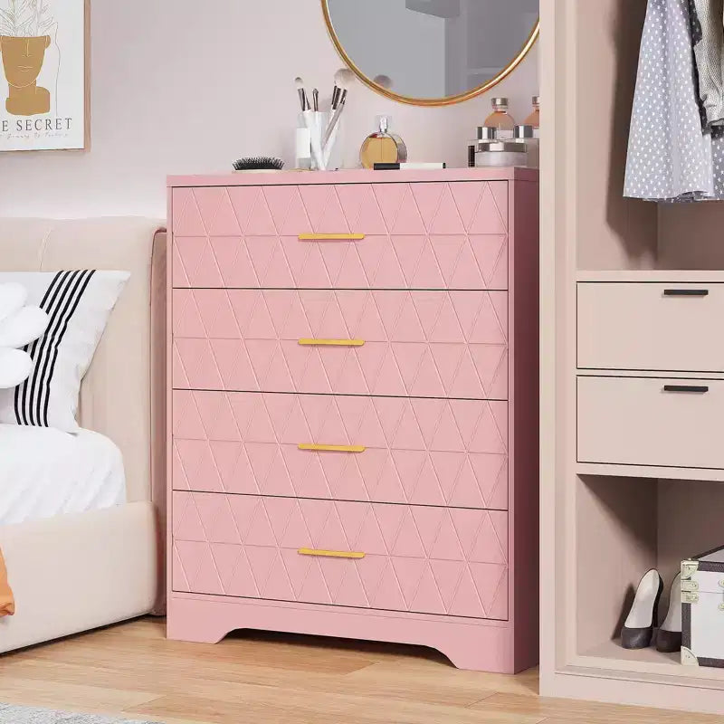 Cómoda Alta de Madera de 4 Cajones con Tiradores Dorados, Mueble Moderno de Almacenamiento, Parte Superior Ancha