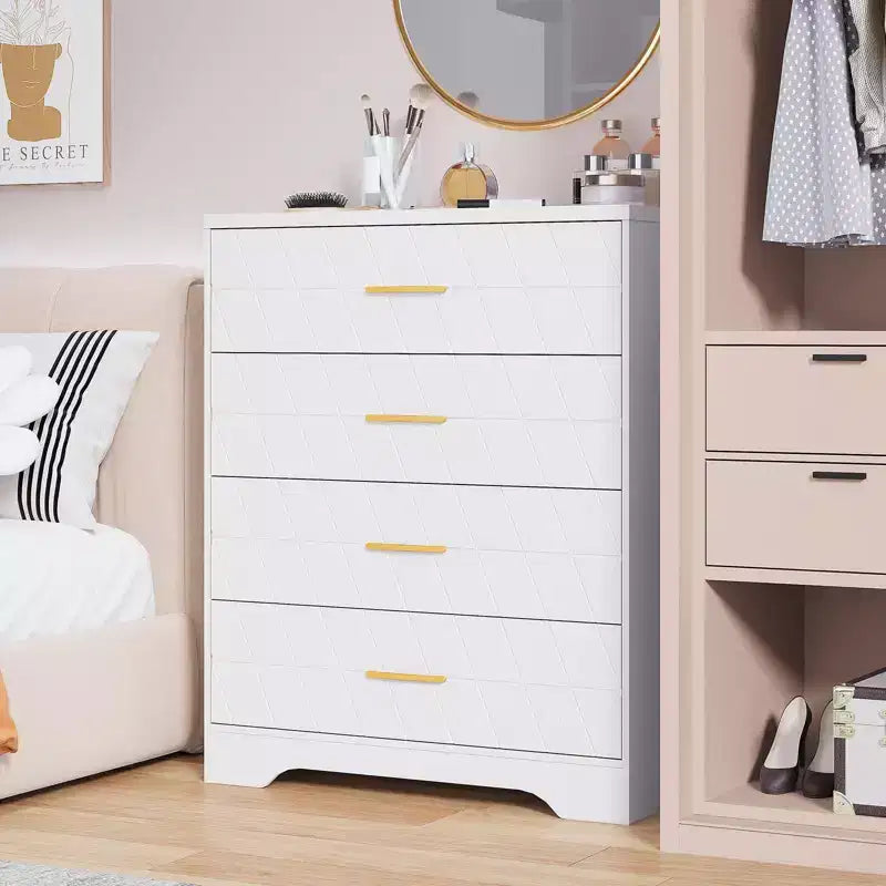 Cómoda Alta de Madera de 4 Cajones con Tiradores Dorados, Mueble Moderno de Almacenamiento, Parte Superior Ancha