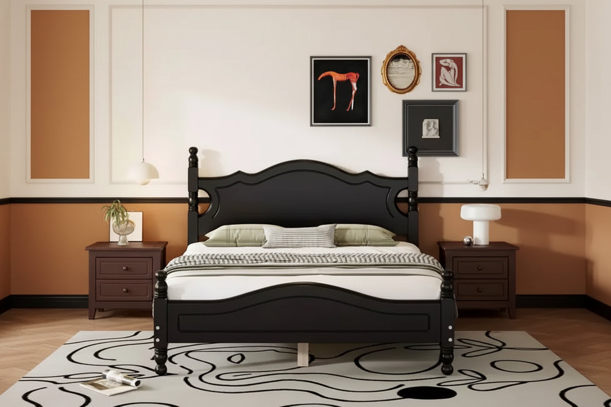 MAYEERTY Full Size Retro Wood Platform Bed Frame with Wooden Slat for Bedroom Black