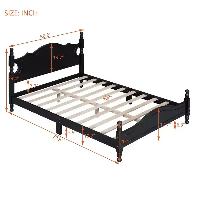 Estructura de cama de plataforma retro de madera tamaño matrimonial con láminas de madera, 227 kg, negro