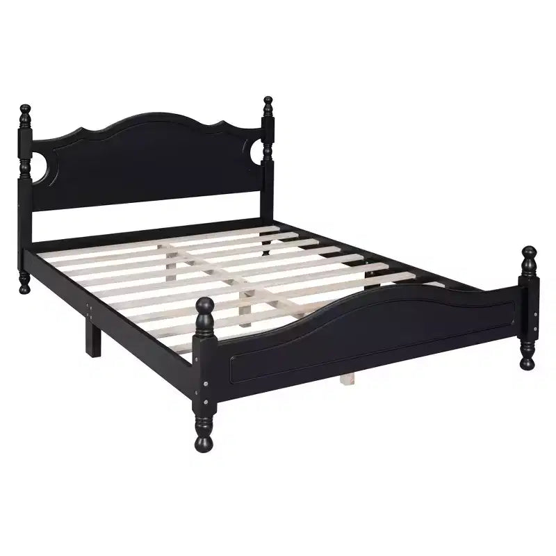 Estructura de cama de plataforma retro de madera tamaño matrimonial con láminas de madera, 227 kg, negro
