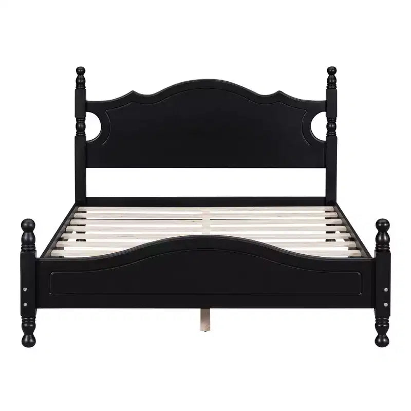 Estructura de cama de plataforma retro de madera tamaño matrimonial con láminas de madera, 227 kg, negro